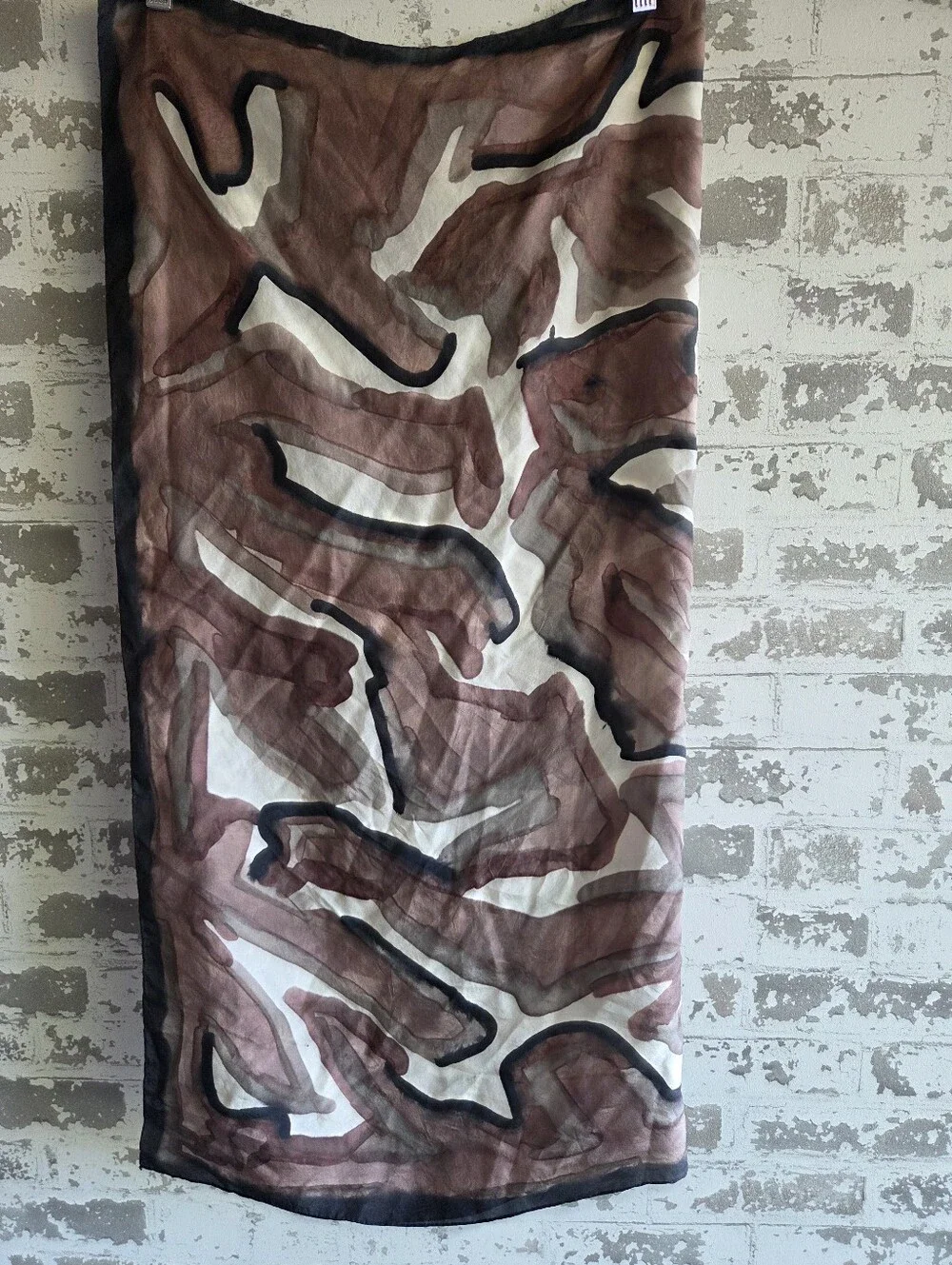 Barb Marla Vintage Hand Painted Silk Scarf Abstract Brown